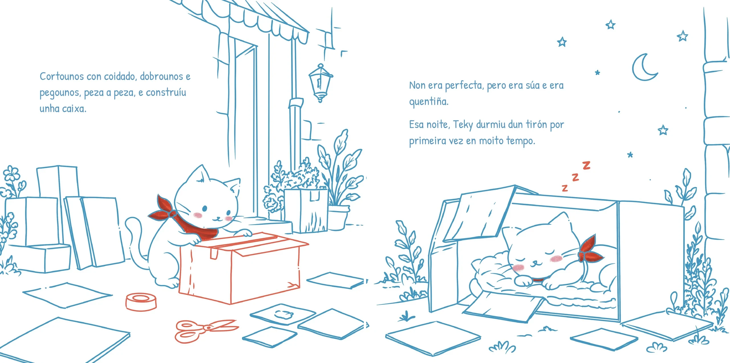 Dúas páxinas ilustradas: Teky constrúe a súa primeira caixa e dorme nela